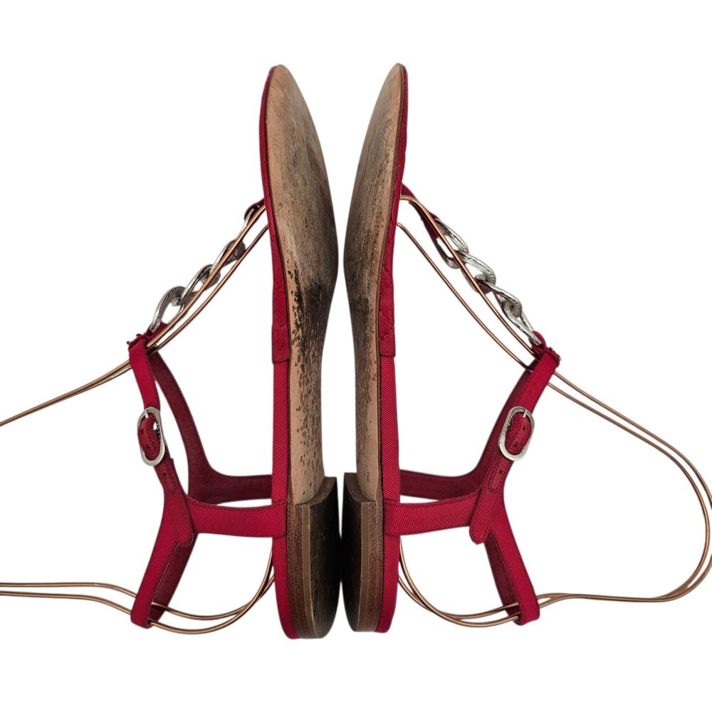 Chanel CC Chain Flat Thong Sandal Quilted Red Leather Silver Size 39 US 8 8.5 - Picture 6 of 12